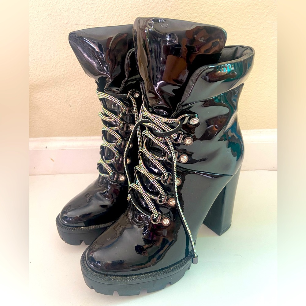 Azalea Wang black patent platform boots with rhinestone laces